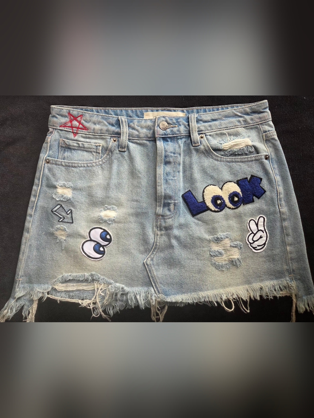 Hidden Jeans Light Wash Distressed Denim Mini Skirt with Fun Patches